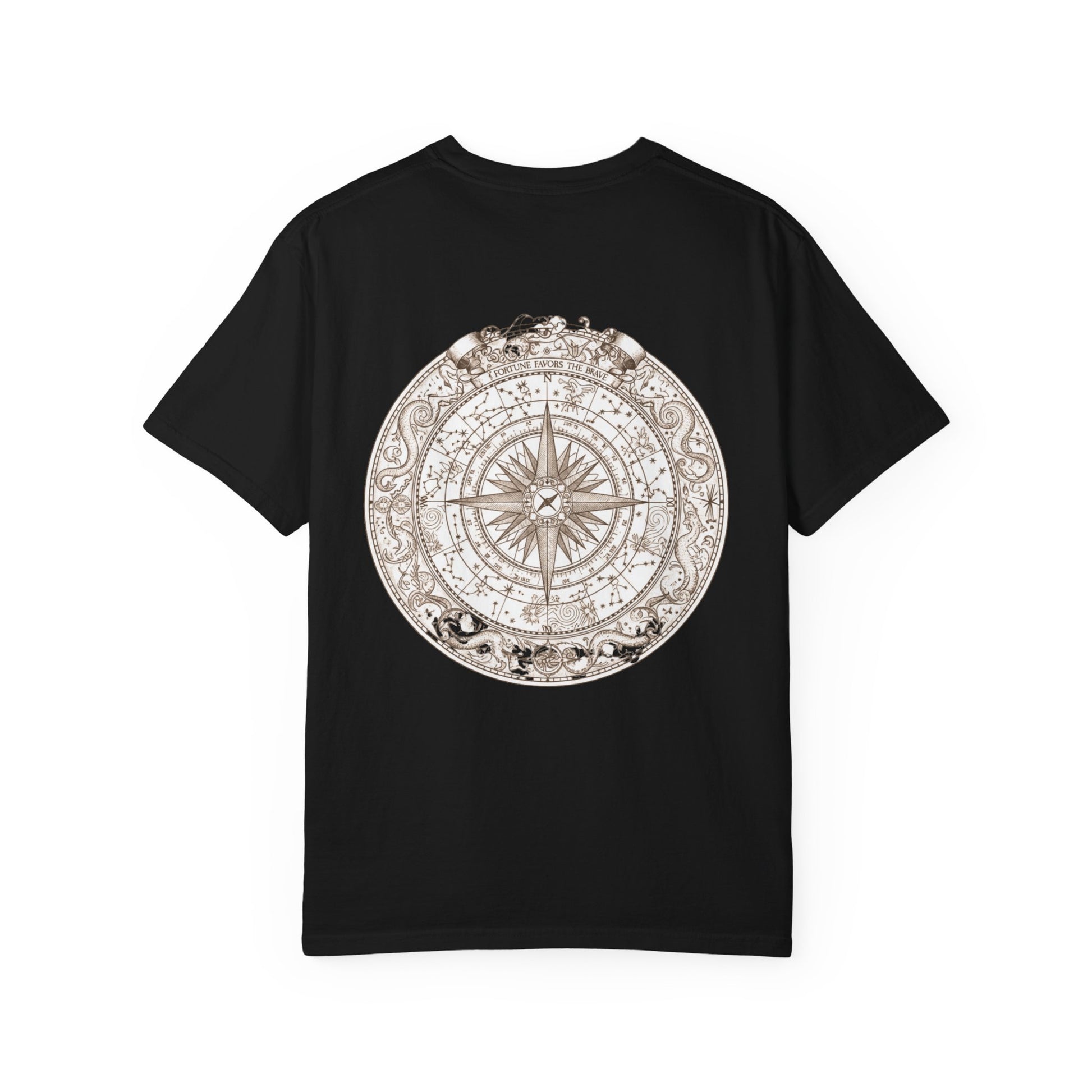 Weathered nautical compass rose printed on the back of a garment-dyed heavyweight cotton tee