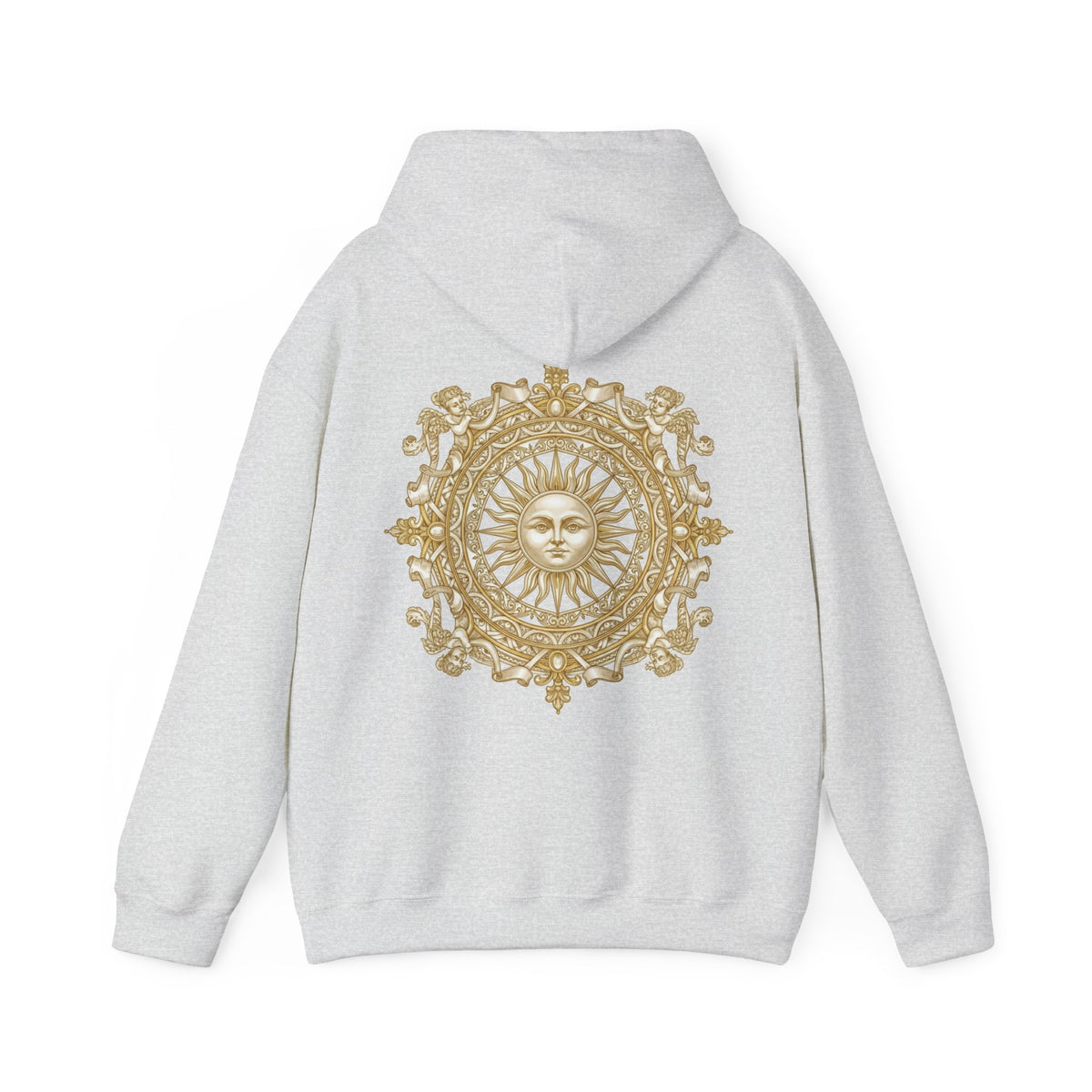 Antique-gold sun medallion printed on the back of a heavyweight cotton-blend hoodie