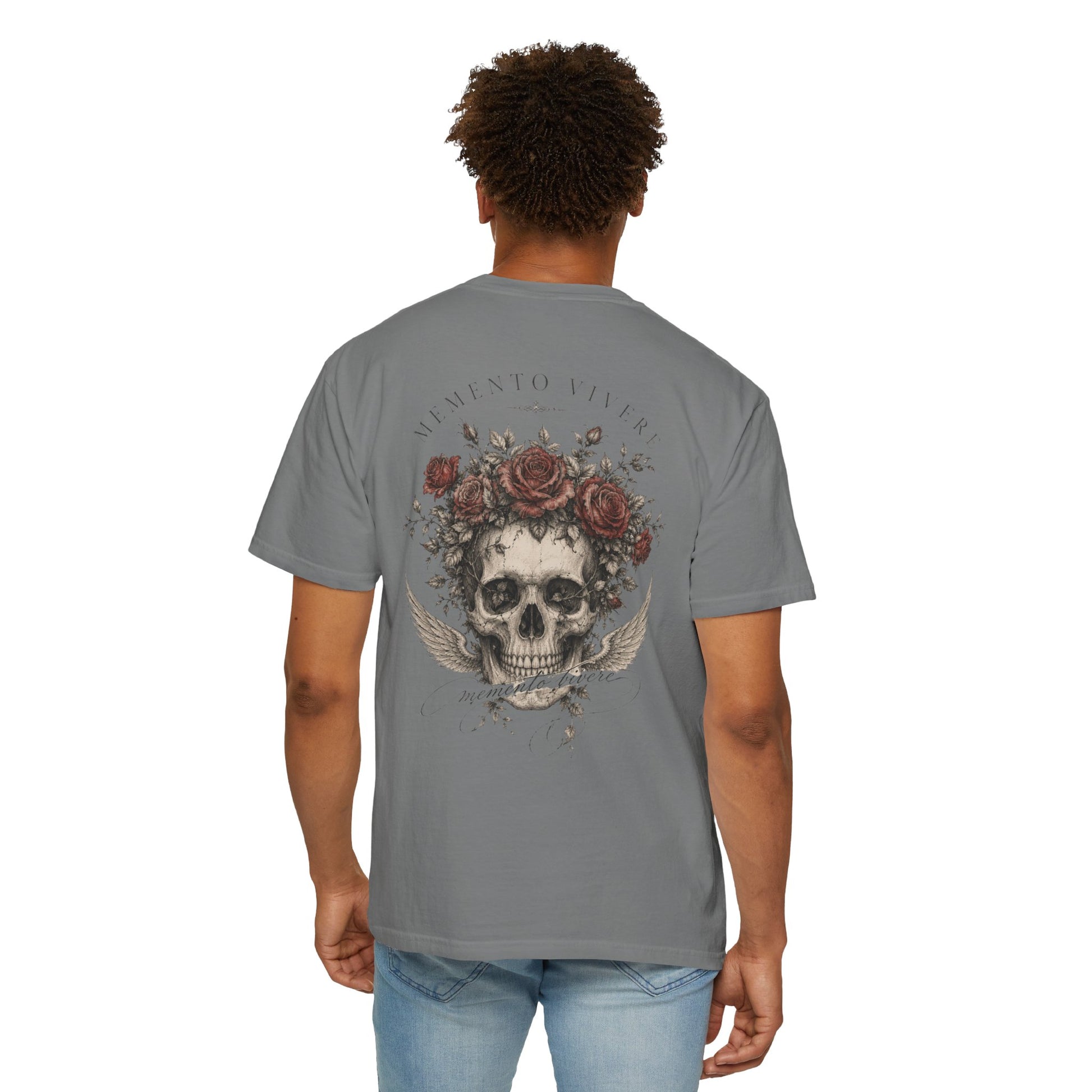 Skull crowned with roses and wings printed on the back of a vintage garment-dyed cotton tee
