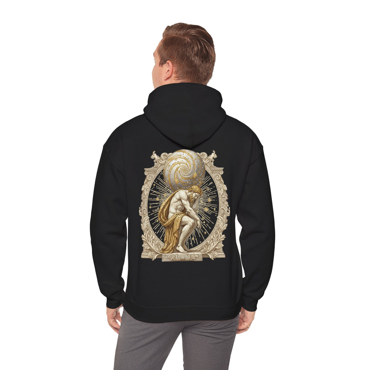 Atlas bearing a swirling globe in ornate filigree printed on the back of a heavyweight cotton-blend hoodie