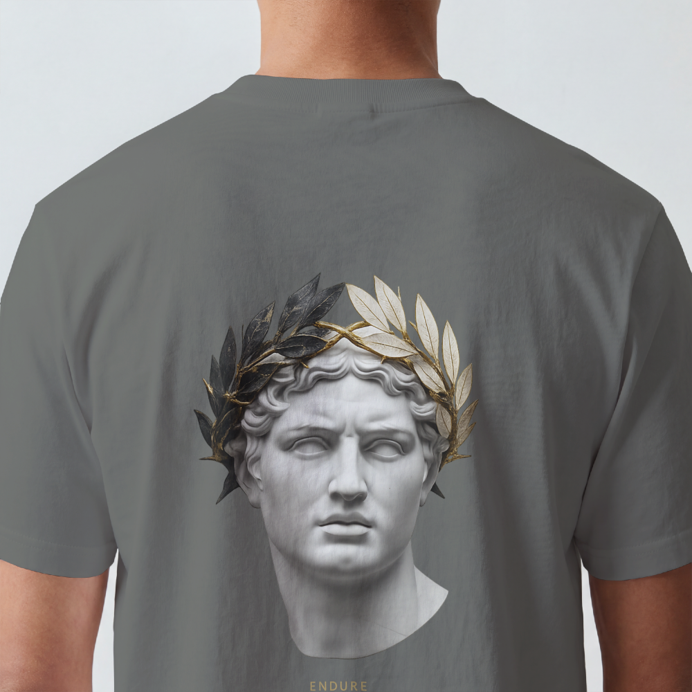 Classical marble bust crowned with laurel printed on the back of a garment-dyed heavyweight cotton tee