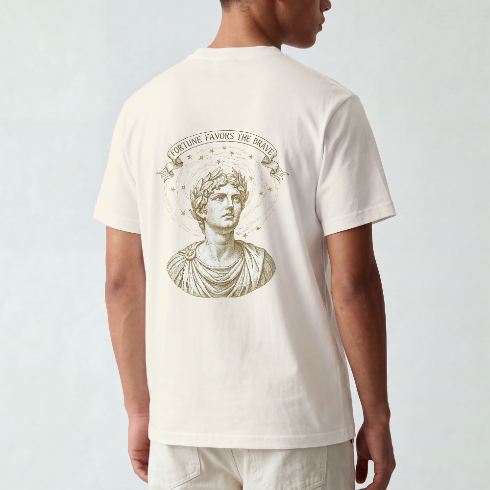 Sculpted Roman bust with laurel and stars printed on the back of a garment-dyed cotton tee