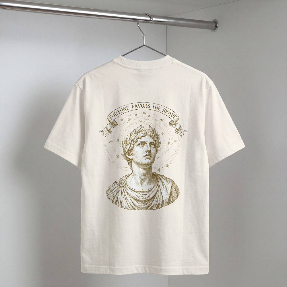 Sculpted Roman bust with laurel and stars printed on the back of a garment-dyed cotton tee