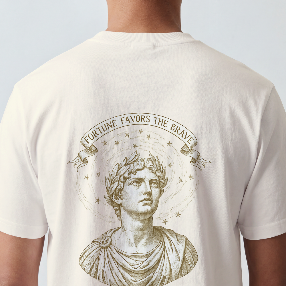 Sculpted Roman bust with laurel and stars printed on the back of a garment-dyed cotton tee