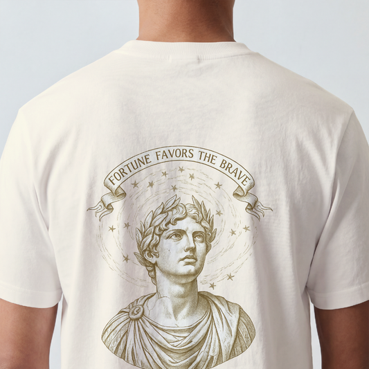 Sculpted Roman bust with laurel and stars printed on the back of a garment-dyed cotton tee