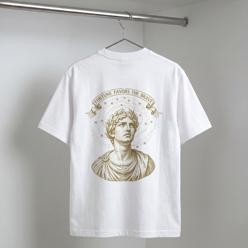 Sculpted Roman bust with laurel and stars printed on the back of a garment-dyed cotton tee