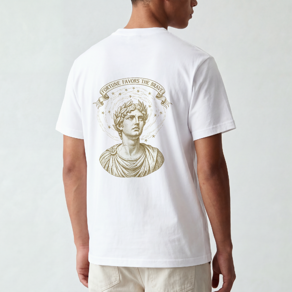 Sculpted Roman bust with laurel and stars printed on the back of a garment-dyed cotton tee