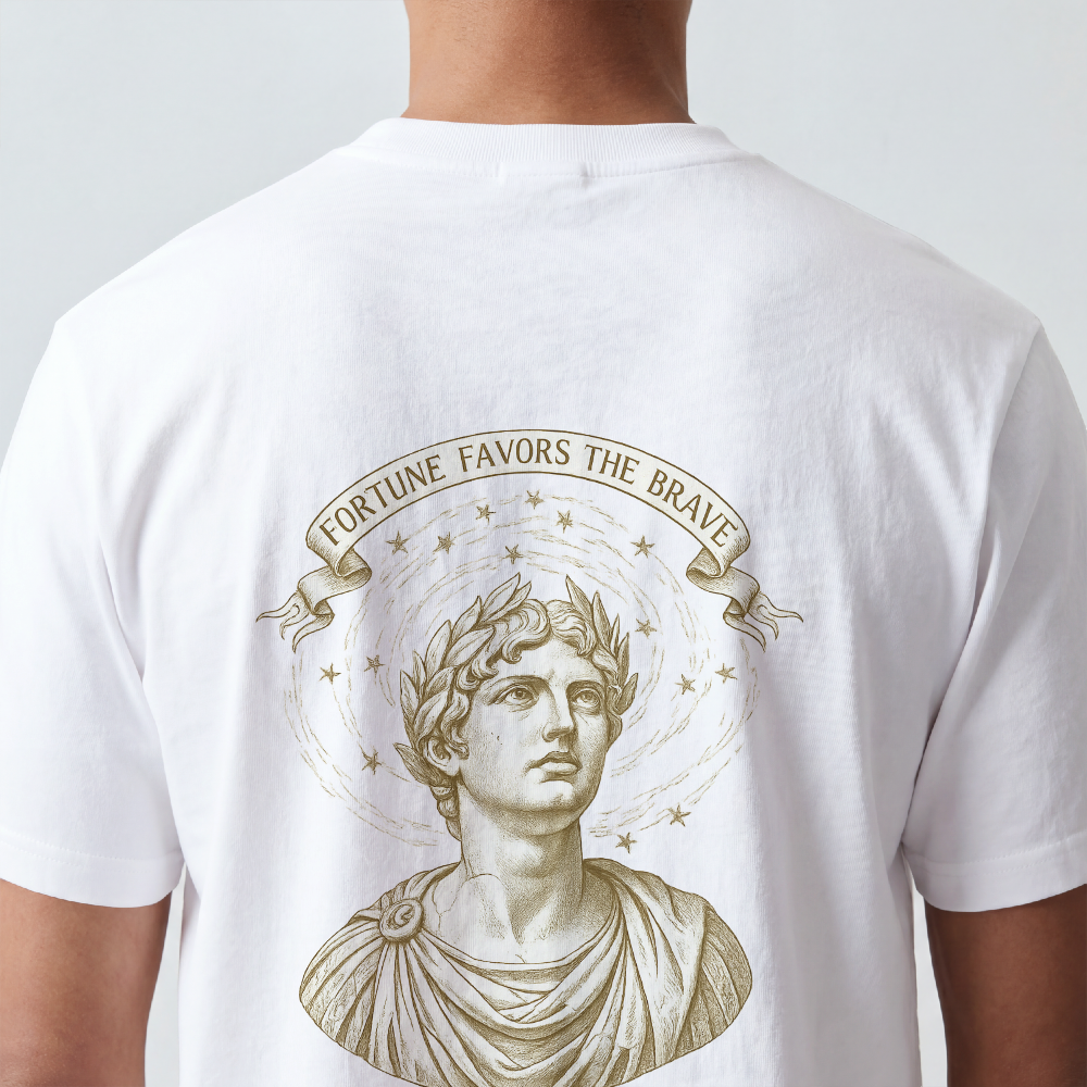 Sculpted Roman bust with laurel and stars printed on the back of a garment-dyed cotton tee