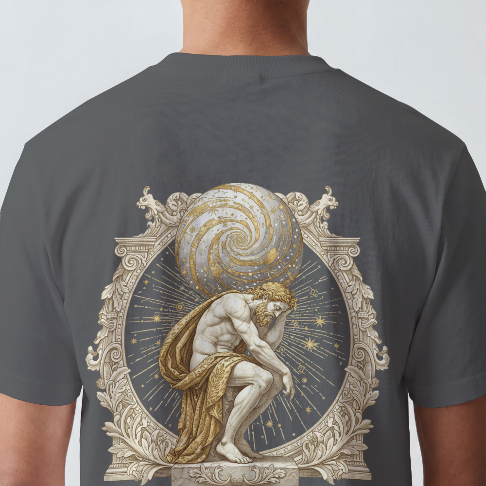 Atlas rendered in sepia with celestial scrollwork on the back of a garment-dyed heavyweight cotton tee