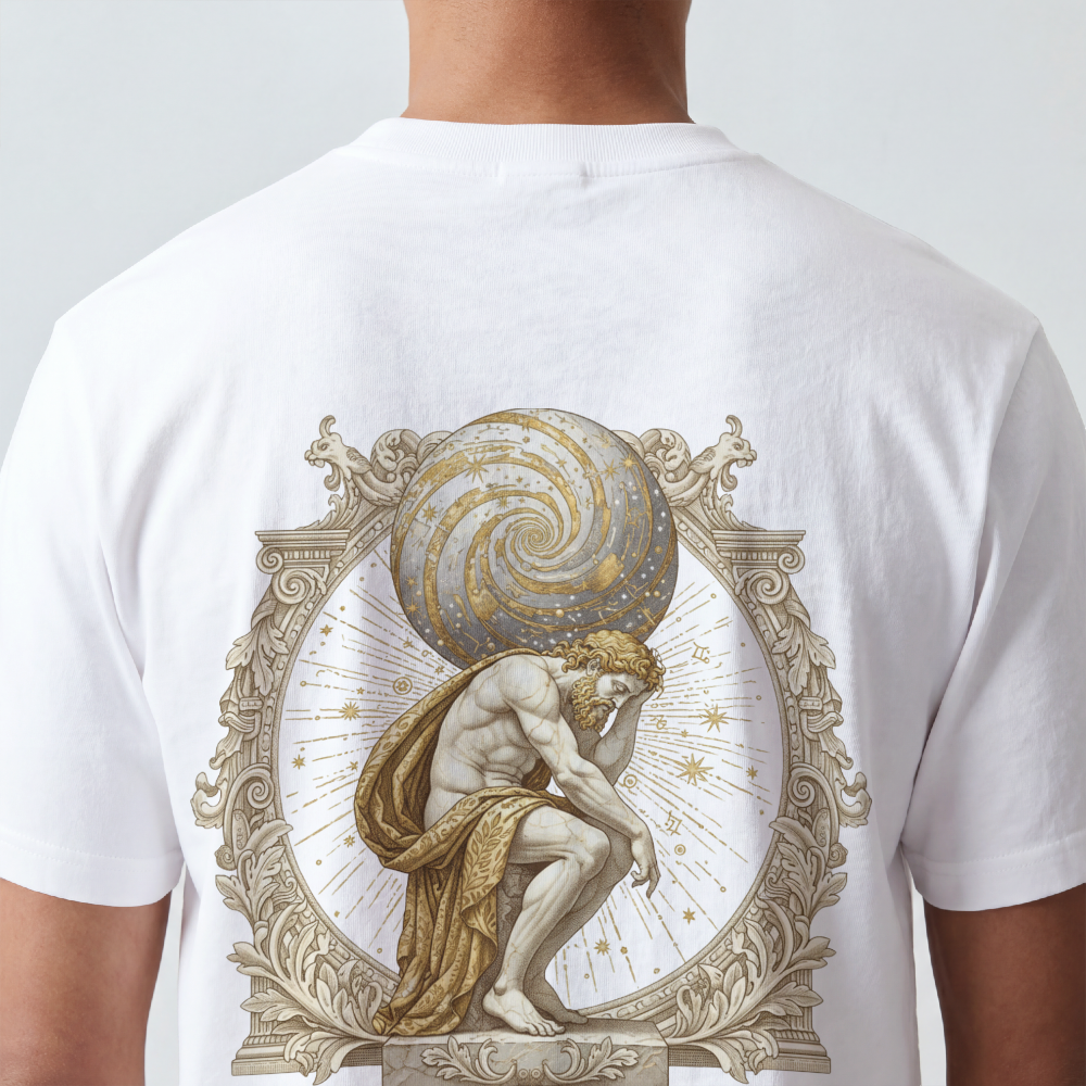Atlas rendered in sepia with celestial scrollwork on the back of a garment-dyed heavyweight cotton tee