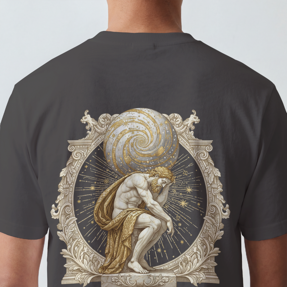 Atlas rendered in sepia with celestial scrollwork on the back of a garment-dyed heavyweight cotton tee