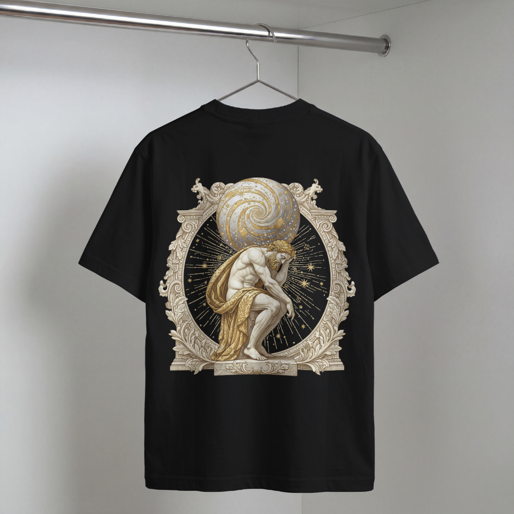 Atlas rendered in sepia with celestial scrollwork on the back of a garment-dyed heavyweight cotton tee