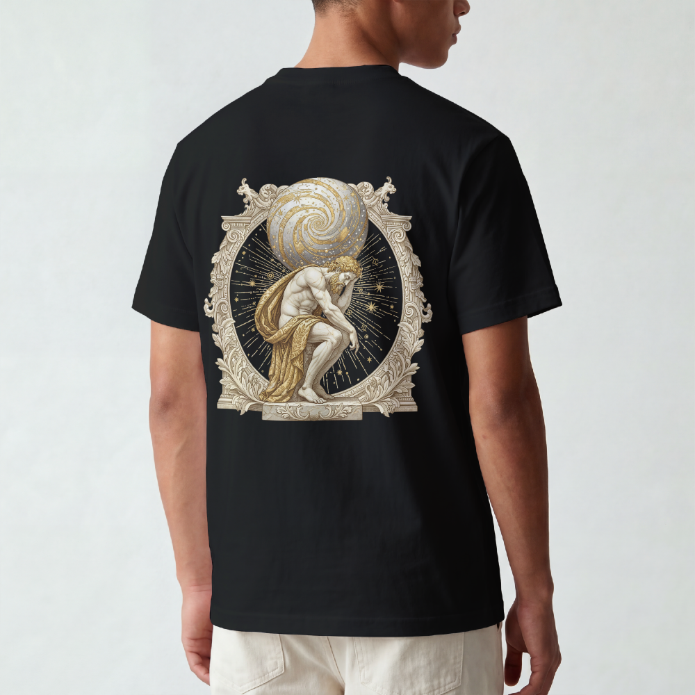 Atlas rendered in sepia with celestial scrollwork on the back of a garment-dyed heavyweight cotton tee