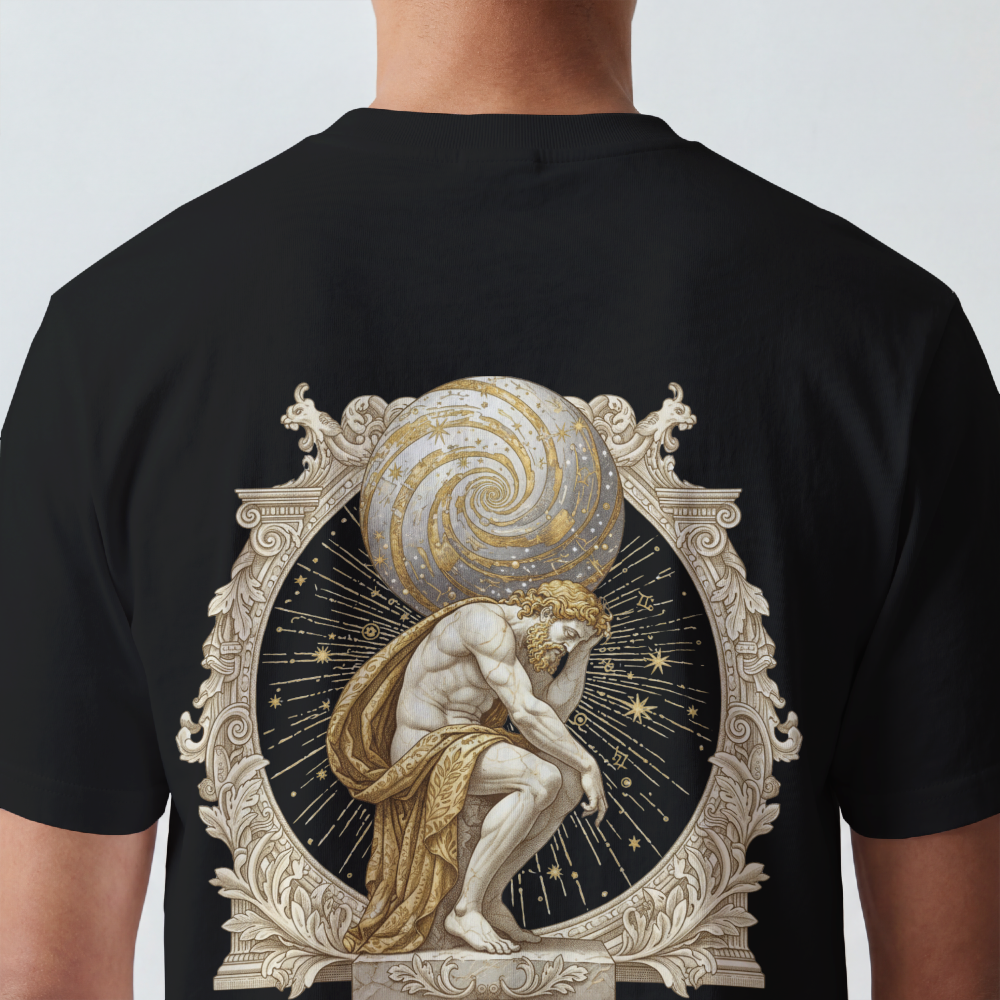 Atlas rendered in sepia with celestial scrollwork on the back of a garment-dyed heavyweight cotton tee