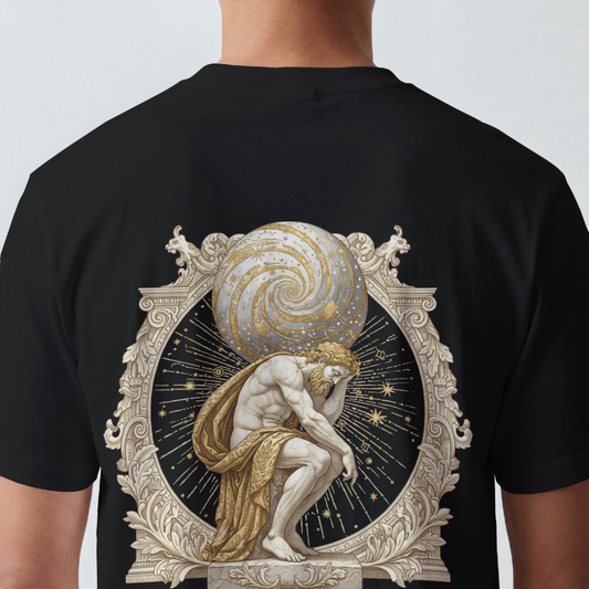 Atlas rendered in sepia with celestial scrollwork on the back of a garment-dyed heavyweight cotton tee
