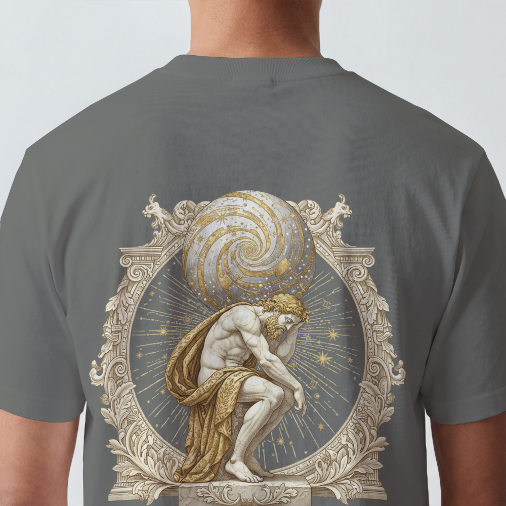 Atlas rendered in sepia with celestial scrollwork on the back of a garment-dyed heavyweight cotton tee