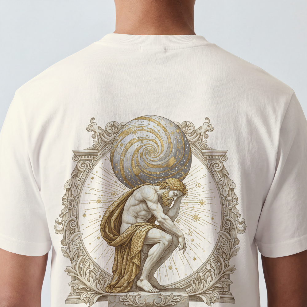 Atlas rendered in sepia with celestial scrollwork on the back of a garment-dyed heavyweight cotton tee