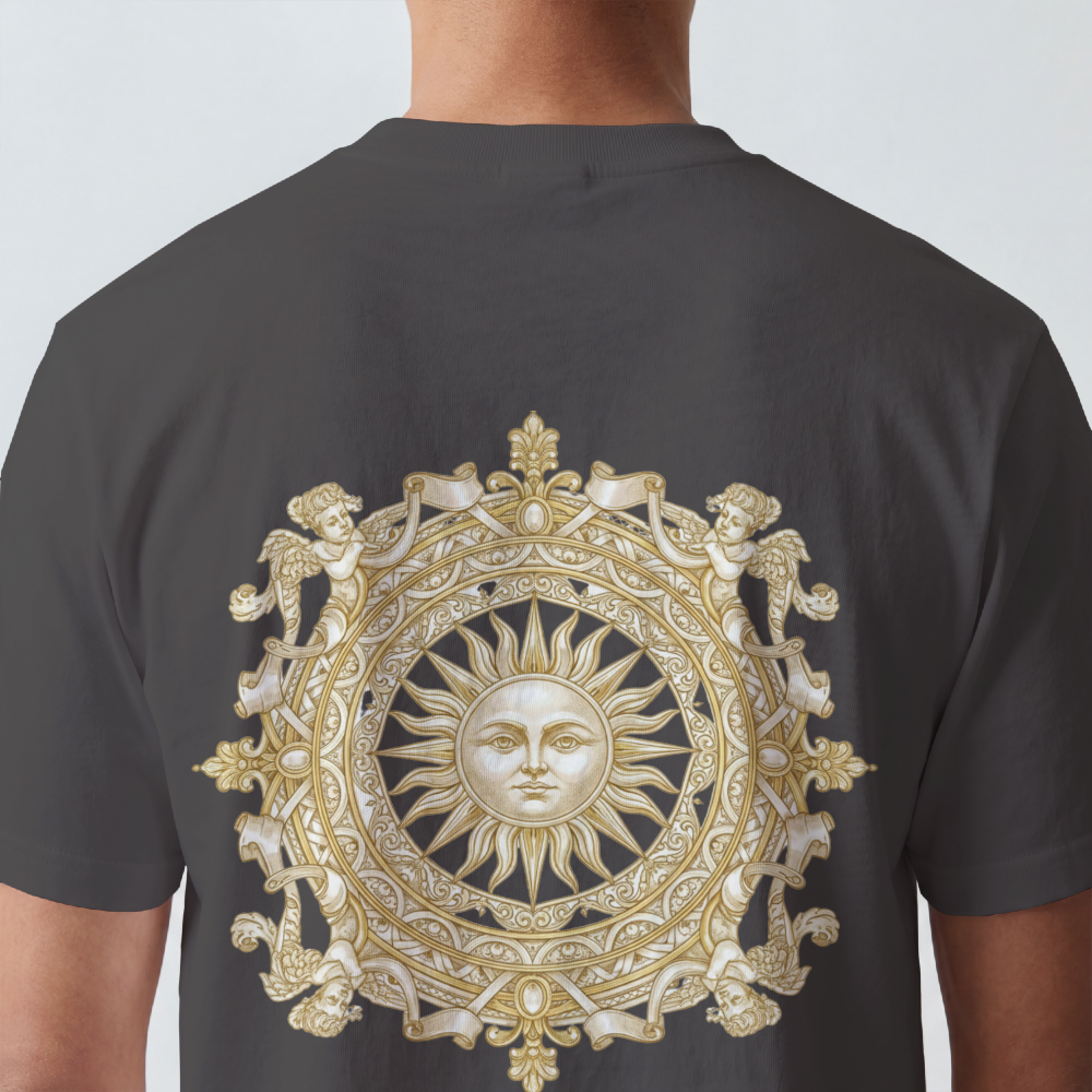 Ornate gold sun medallion printed on the back of a garment-dyed heavyweight cotton tee