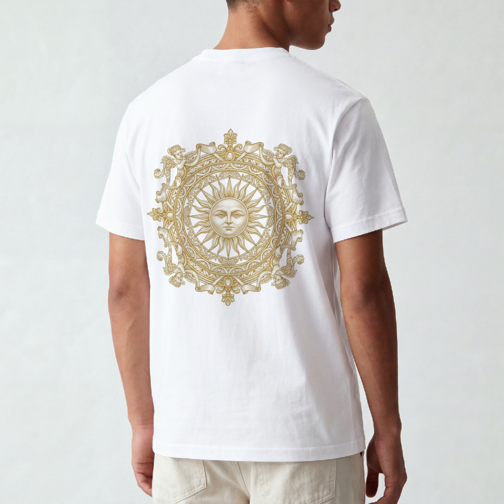 Ornate gold sun medallion printed on the back of a garment-dyed heavyweight cotton tee