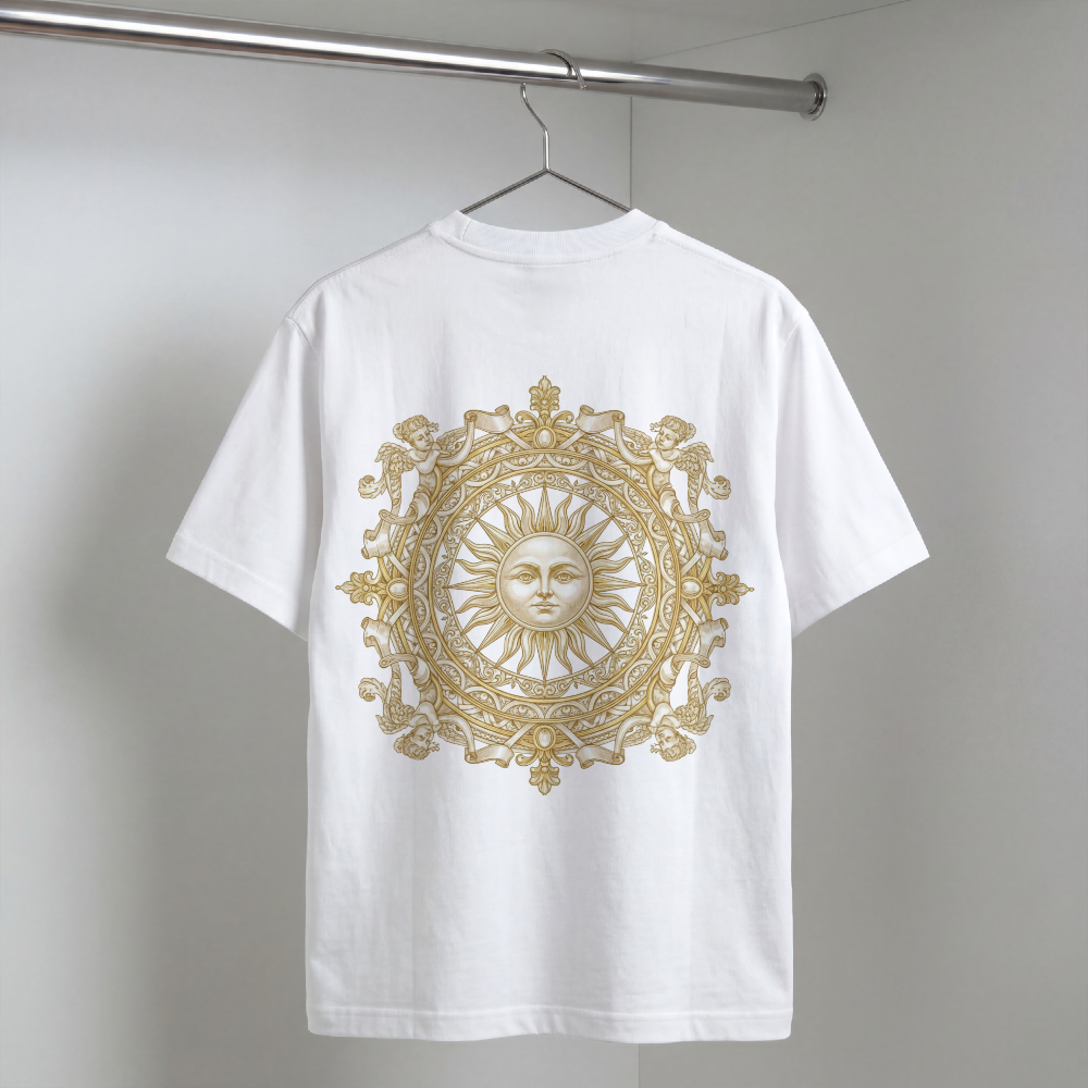 Ornate gold sun medallion printed on the back of a garment-dyed heavyweight cotton tee