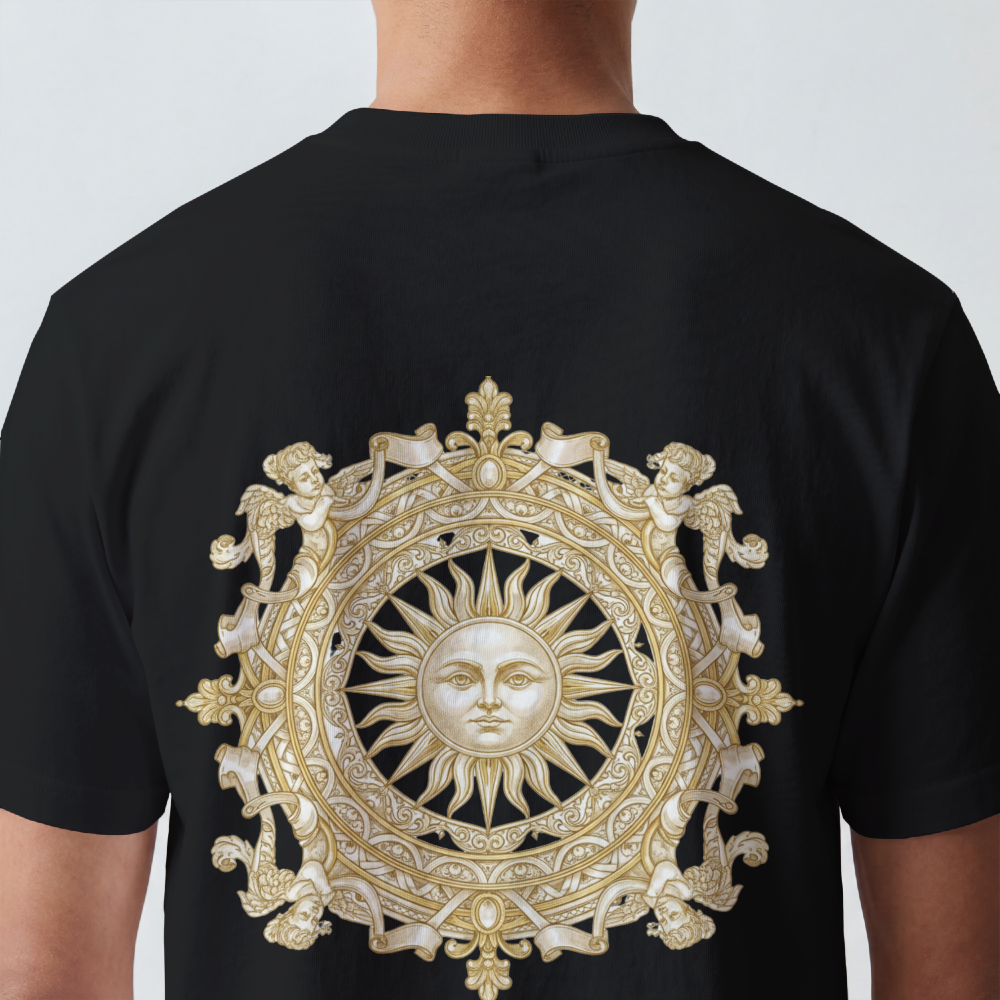 Ornate gold sun medallion printed on the back of a garment-dyed heavyweight cotton tee