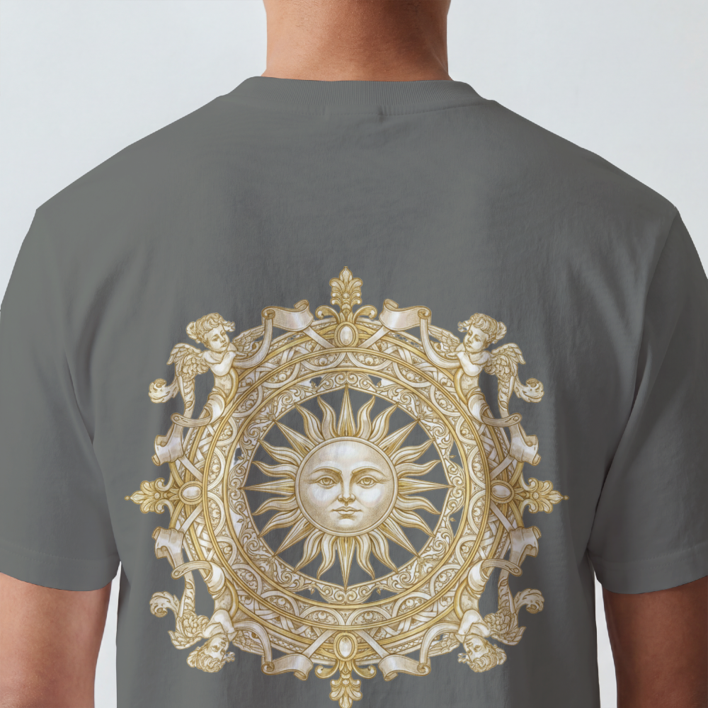 Ornate gold sun medallion printed on the back of a garment-dyed heavyweight cotton tee