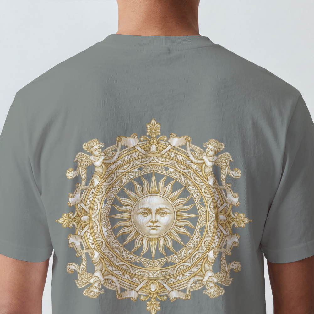 Ornate gold sun medallion printed on the back of a garment-dyed heavyweight cotton tee