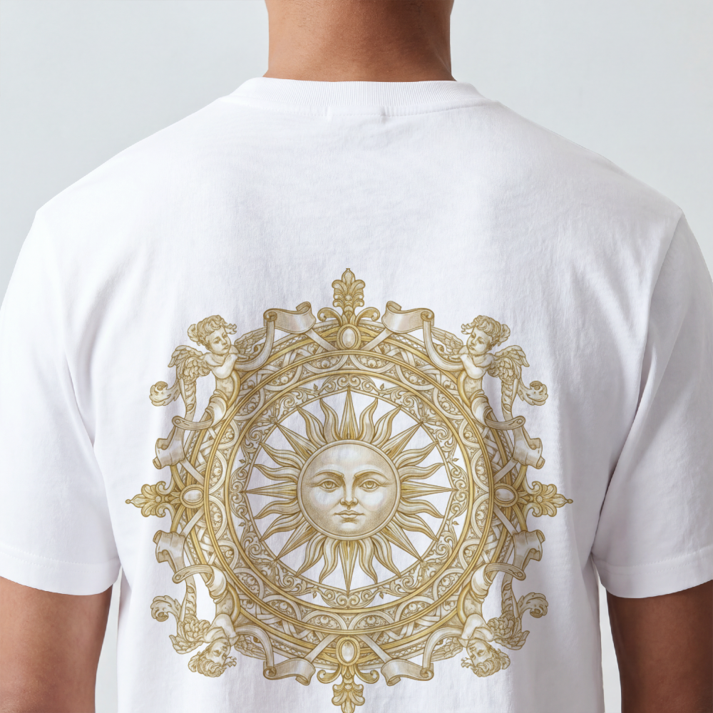 Ornate gold sun medallion printed on the back of a garment-dyed heavyweight cotton tee