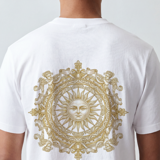 Ornate gold sun medallion printed on the back of a garment-dyed heavyweight cotton tee