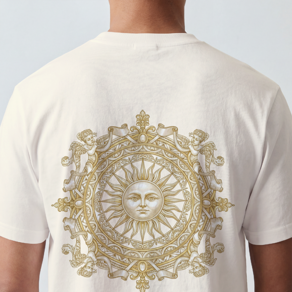 Ornate gold sun medallion printed on the back of a garment-dyed heavyweight cotton tee
