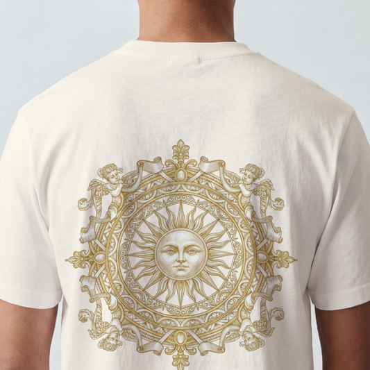 Ornate gold sun medallion printed on the back of a garment-dyed heavyweight cotton tee