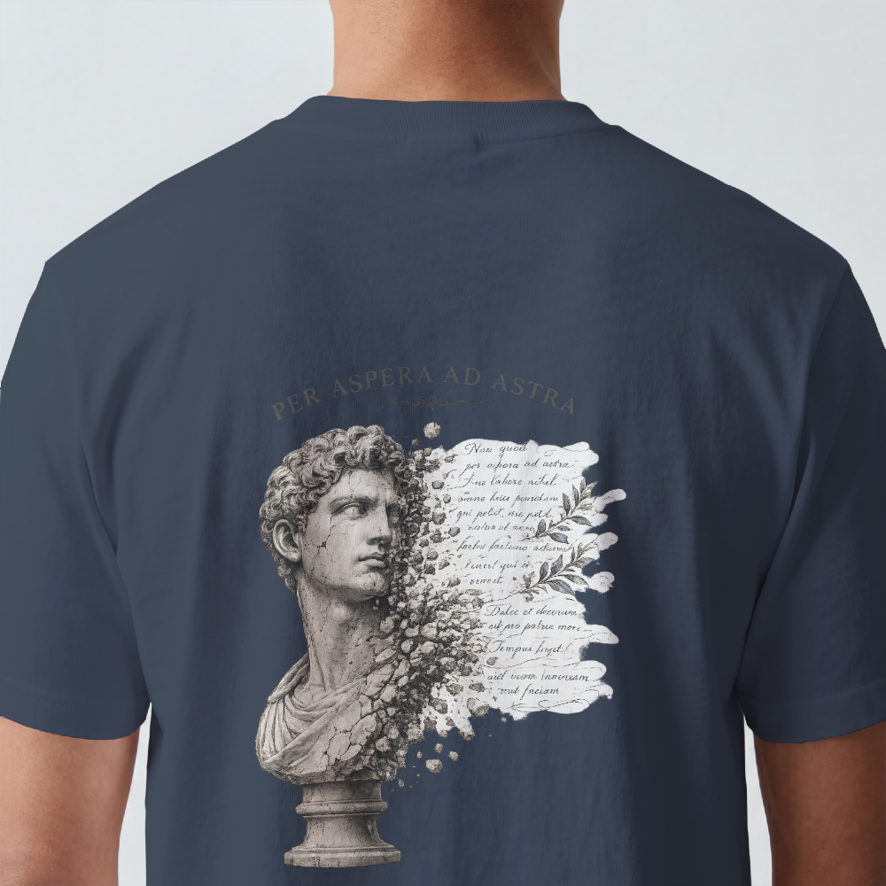 Weathered marble bust with faded script printed on the back of a garment-dyed cotton tee