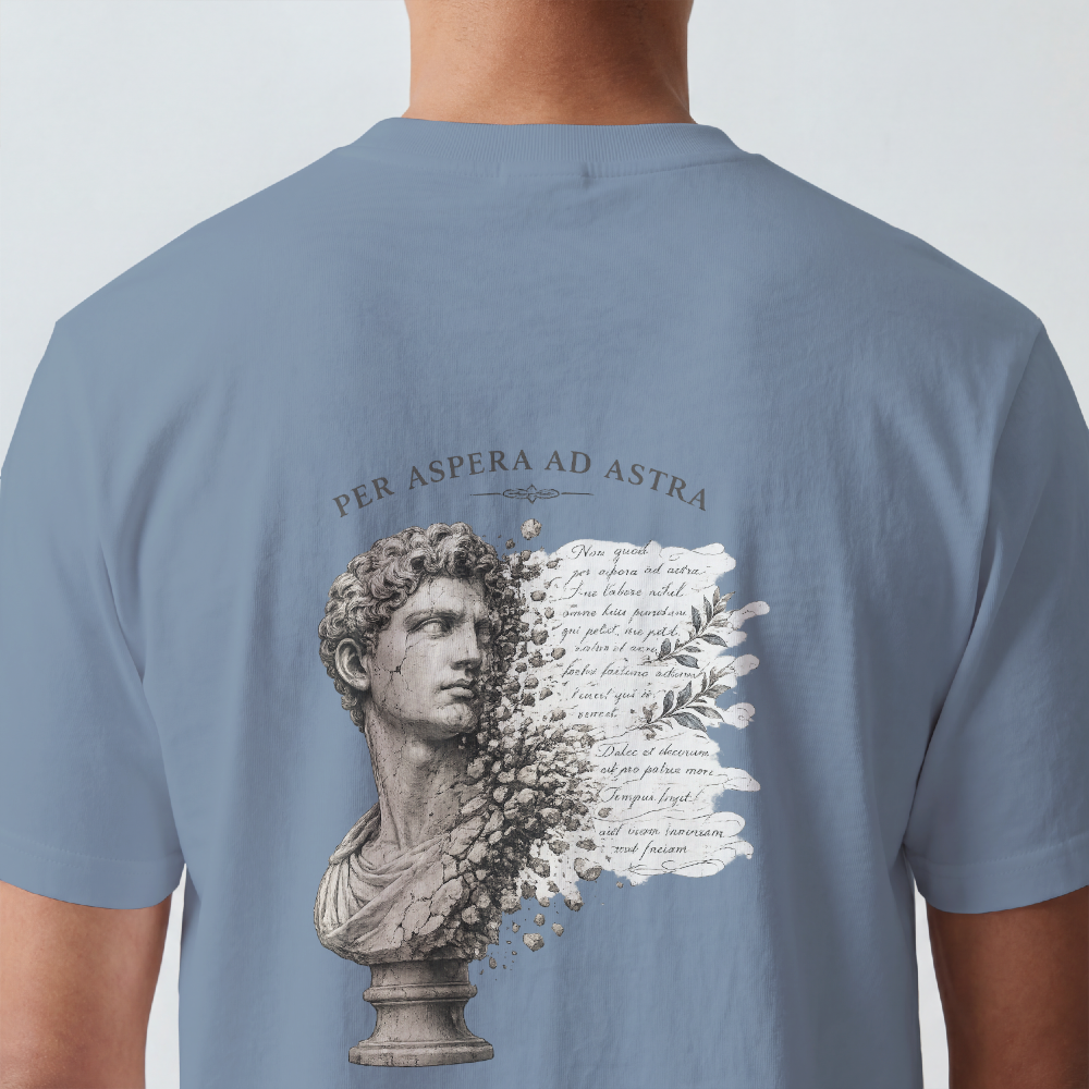 Weathered marble bust with faded script printed on the back of a garment-dyed cotton tee