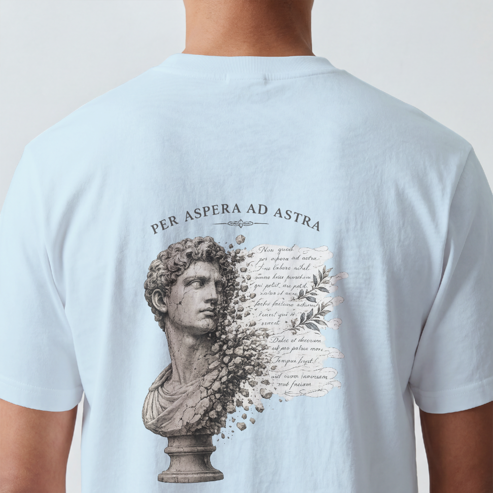 Weathered marble bust with faded script printed on the back of a garment-dyed cotton tee