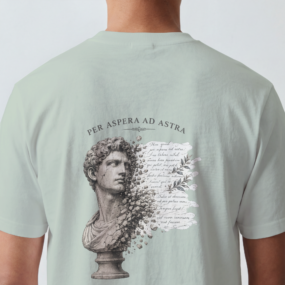 Weathered marble bust with faded script printed on the back of a garment-dyed cotton tee