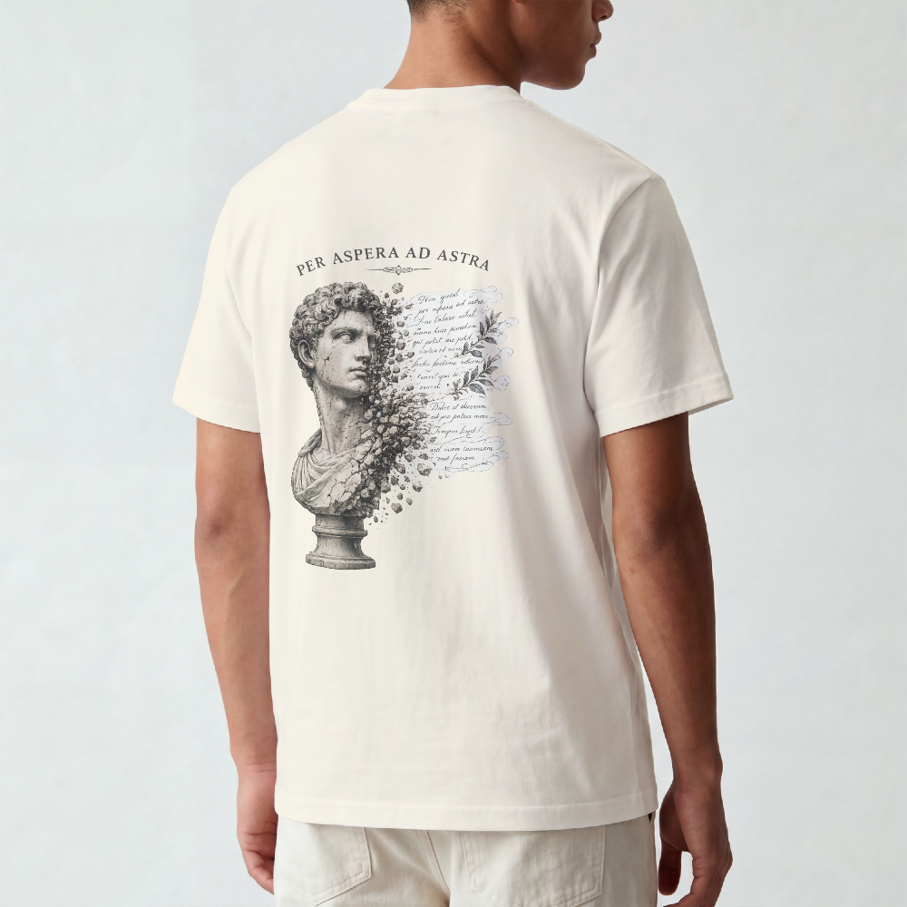 Weathered marble bust with faded script printed on the back of a garment-dyed cotton tee