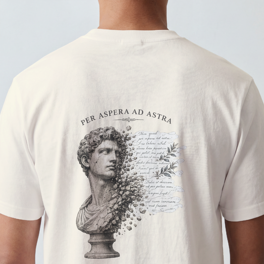 Weathered marble bust with faded script printed on the back of a garment-dyed cotton tee