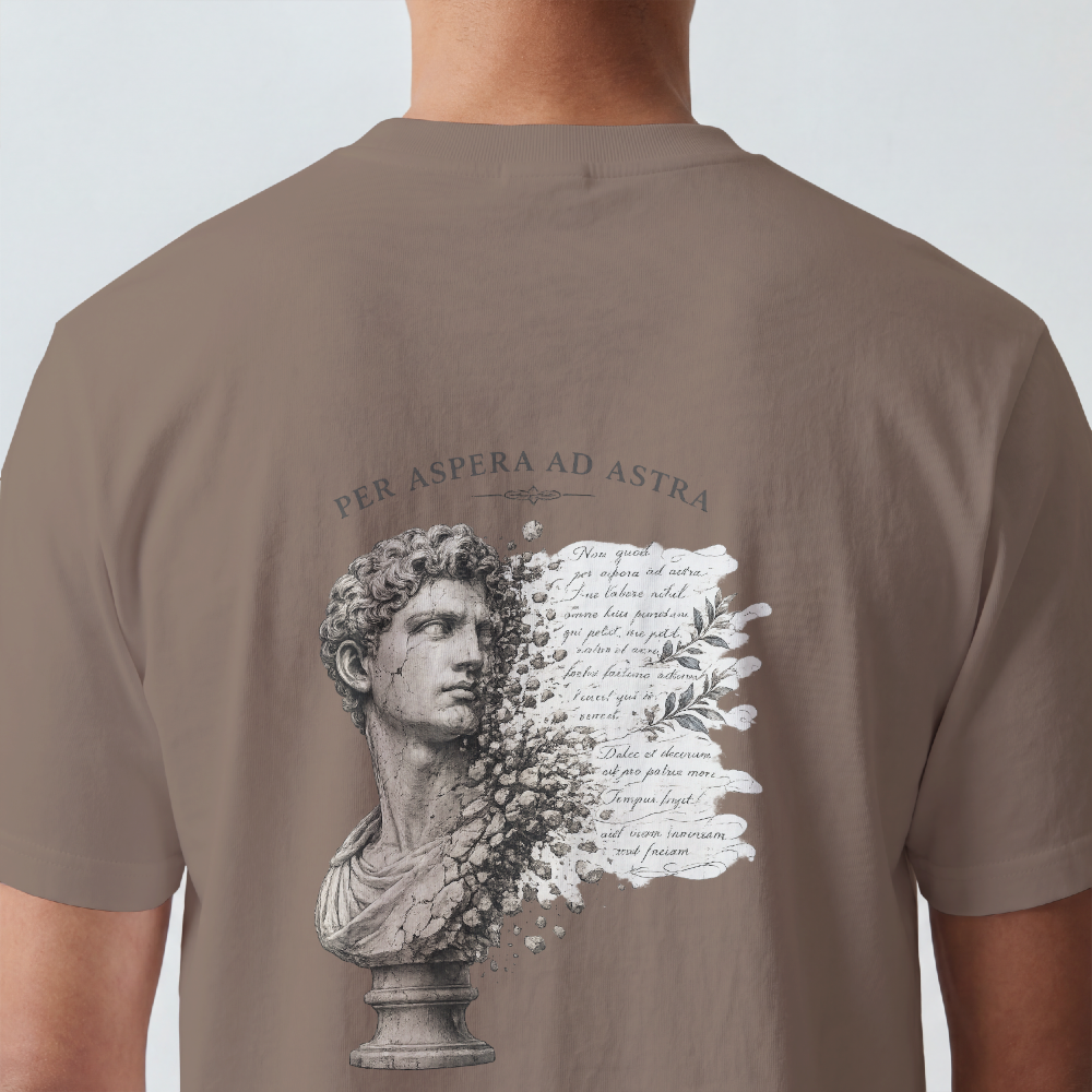 Weathered marble bust with faded script printed on the back of a garment-dyed cotton tee