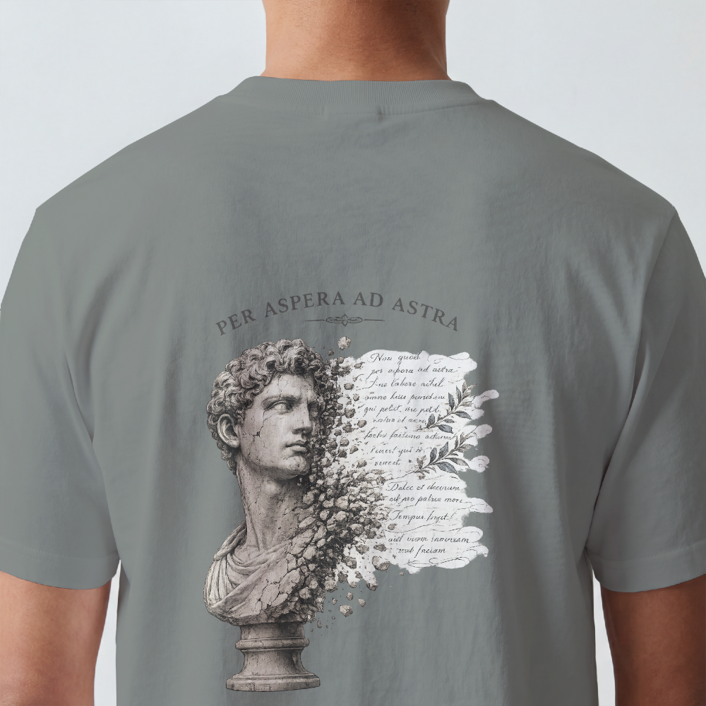 Weathered marble bust with faded script printed on the back of a garment-dyed cotton tee