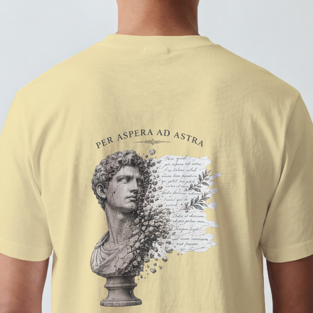 Weathered marble bust with faded script printed on the back of a garment-dyed cotton tee