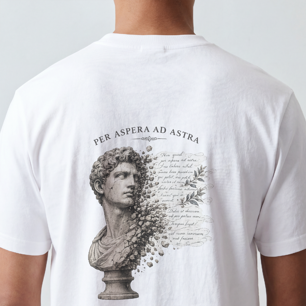Weathered marble bust with faded script printed on the back of a garment-dyed cotton tee