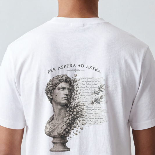 Weathered marble bust with faded script printed on the back of a garment-dyed cotton tee