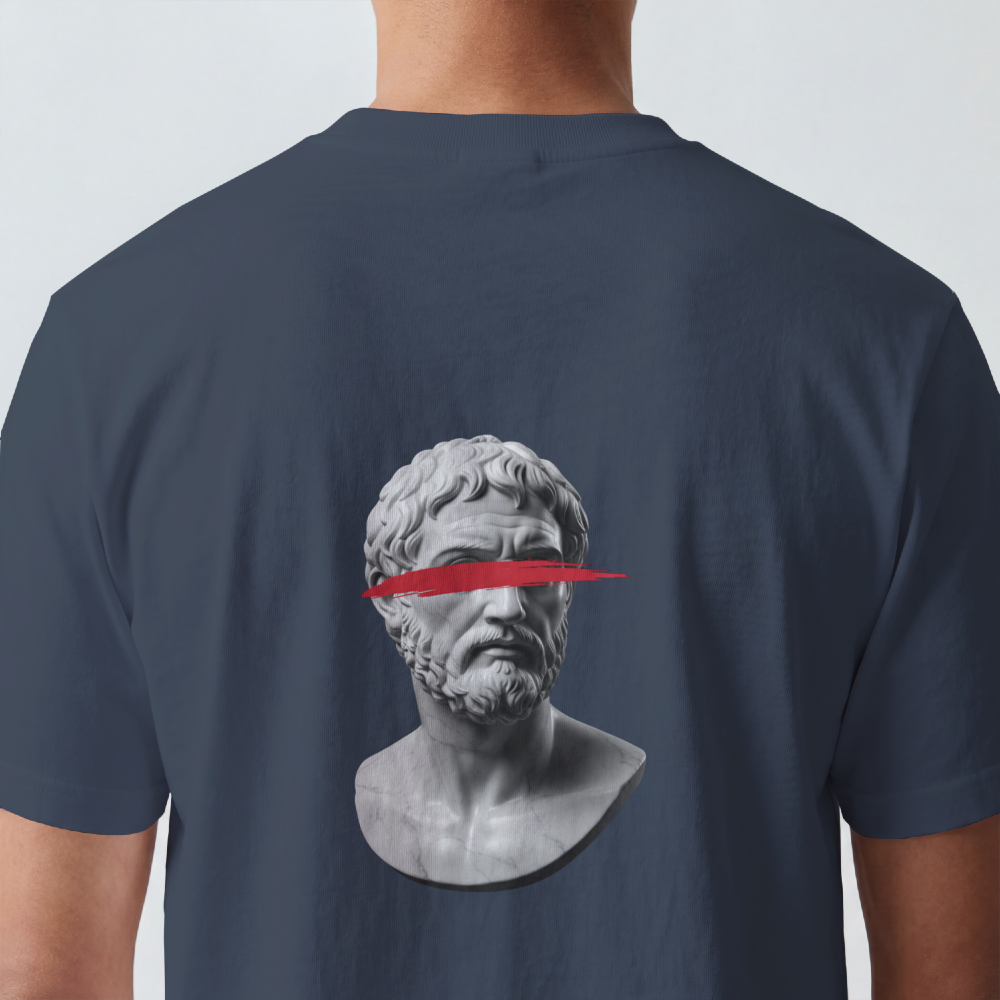 Classical bust struck by a single red brushstroke on the back of a garment-dyed cotton tee