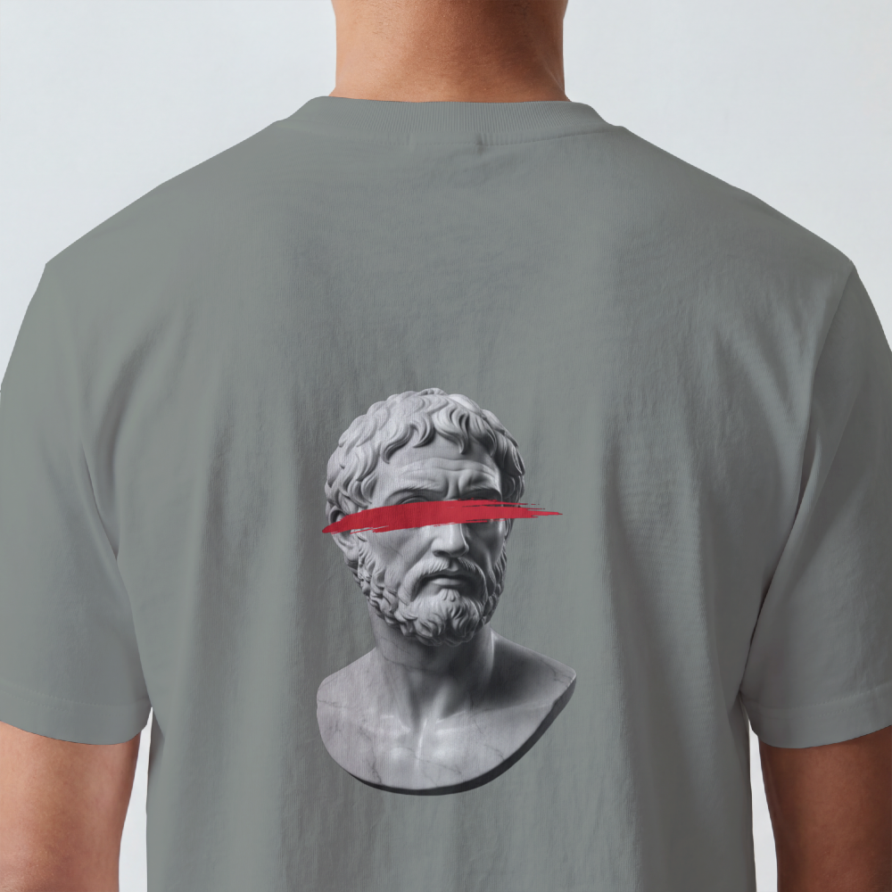Classical bust struck by a single red brushstroke on the back of a garment-dyed cotton tee