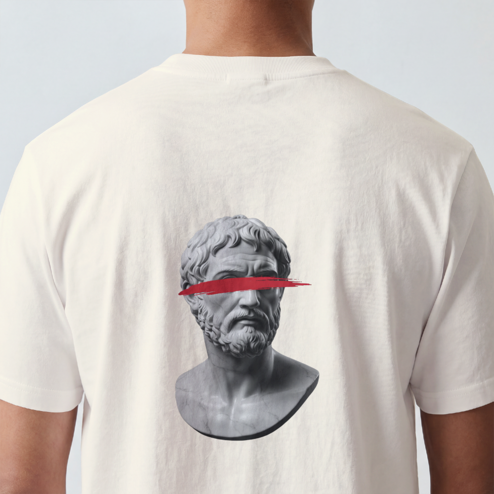 Classical bust struck by a single red brushstroke on the back of a garment-dyed cotton tee