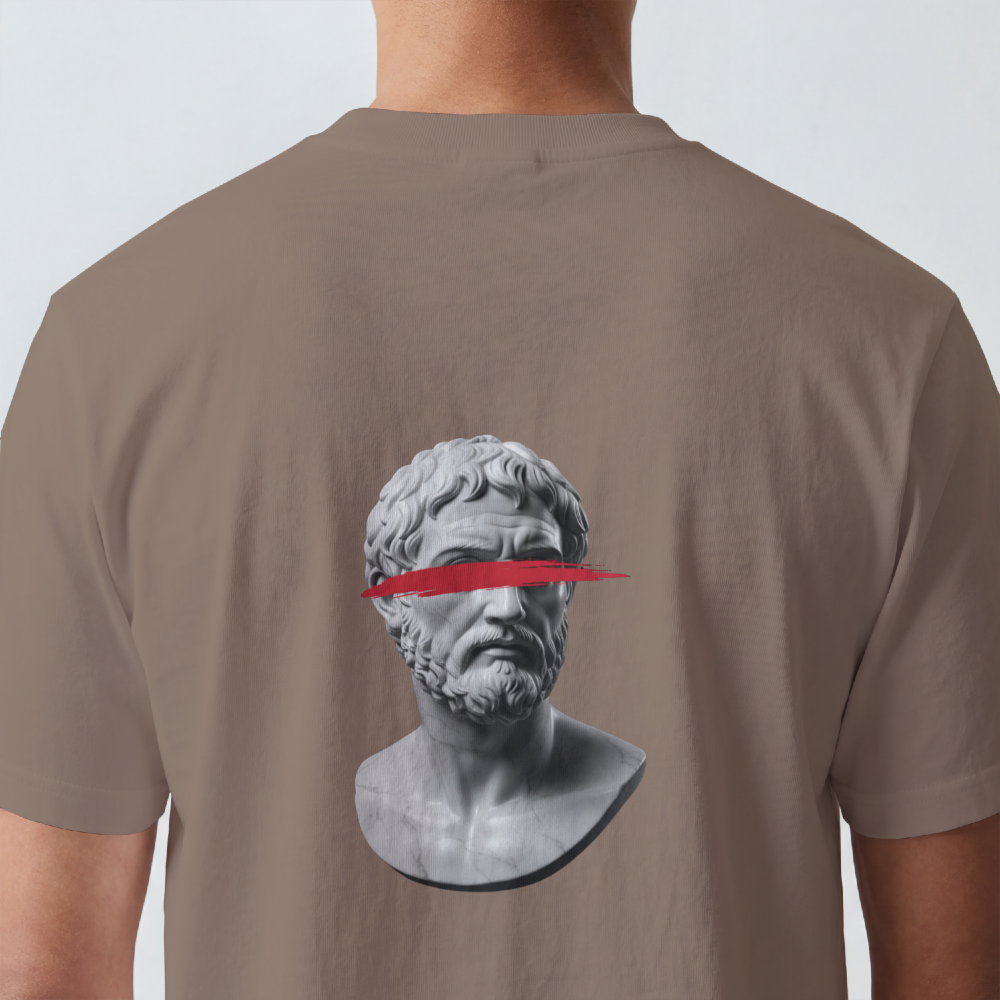 Classical bust struck by a single red brushstroke on the back of a garment-dyed cotton tee