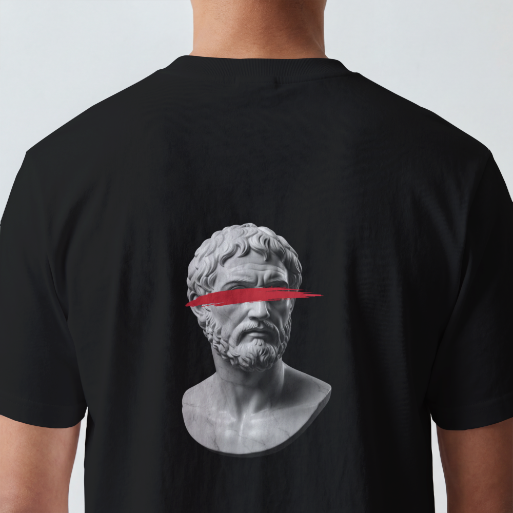 Classical bust struck by a single red brushstroke on the back of a garment-dyed cotton tee
