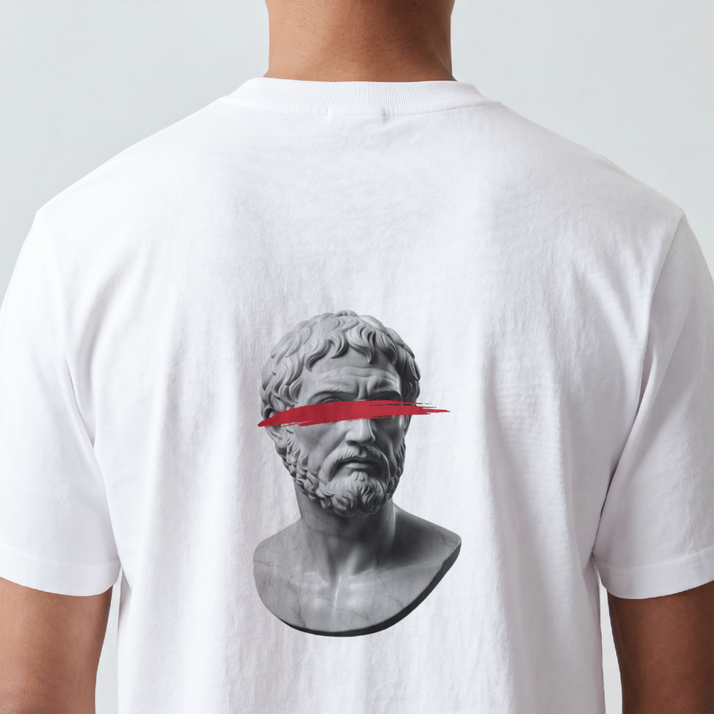 Classical bust struck by a single red brushstroke on the back of a garment-dyed cotton tee