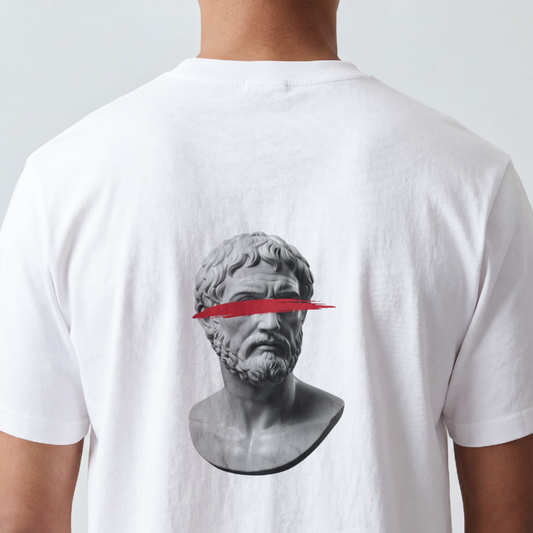 Classical bust struck by a single red brushstroke on the back of a garment-dyed cotton tee