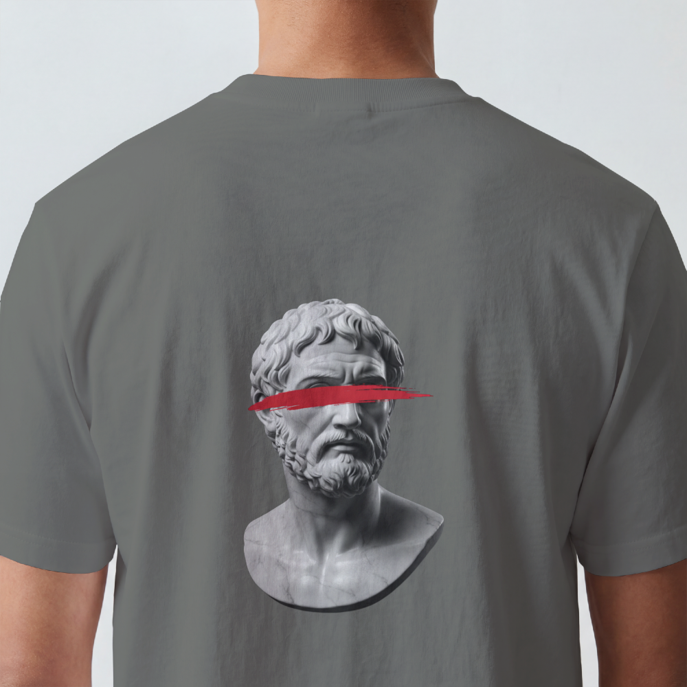 Classical bust struck by a single red brushstroke on the back of a garment-dyed cotton tee